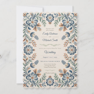 Erbe | Volkskunst Blaue Florale Vintage-Hochzeit Einladung