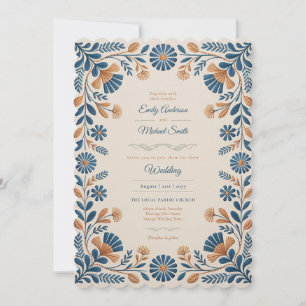 Erbe Volkskunst Blaue Terrakotta-Blumenhochzeit Einladung