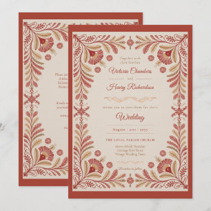 Erbe   Volkskunst Terrakotta Gold Blumen Hochzeit Einladung
