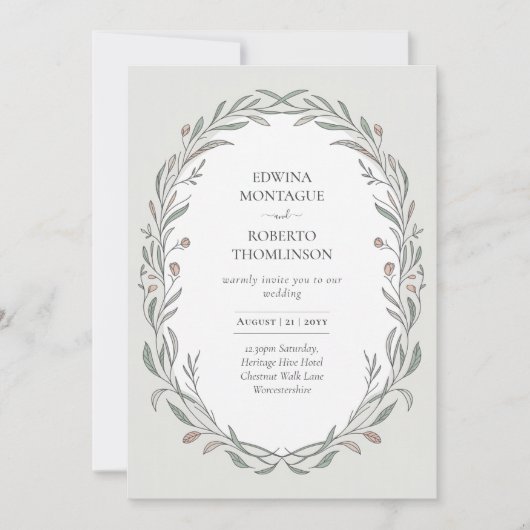 Erbhandgezeichnete Botanische Elegante Hochzeit Einladung (Vorderseite)
