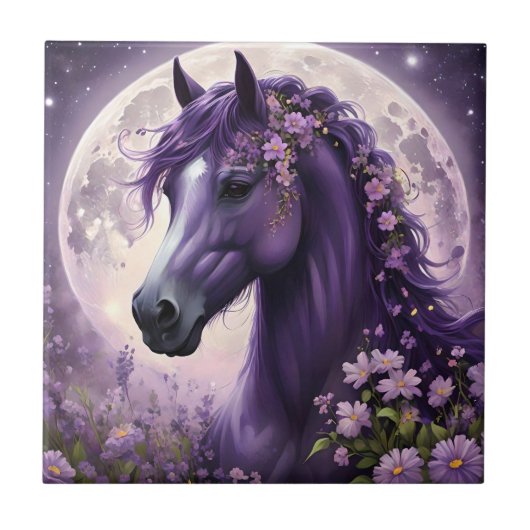 "Erblühende Träume: Das lila Blumen-Fantasy-Pferd" Fliese (Vorderseite)