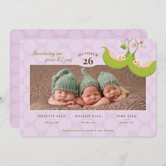 Erbsen in einem Pod All Girl Triplets Geburtsankün Einladung (Vorne/Hinten)