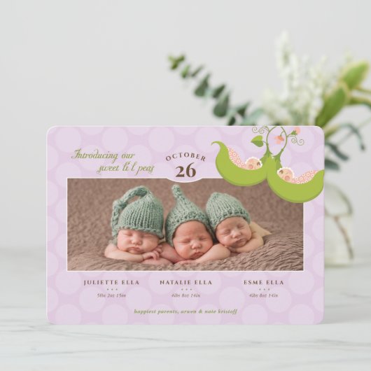 Erbsen in einem Pod All Girl Triplets Geburtsankün Einladung (Stehend Vorderseite)