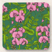 Erbsen und Hummeln, grün und rosa Getränkeuntersetzer (Vorderseite)