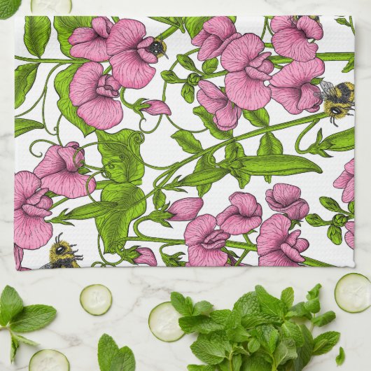 Erbsen und Hummeln, süß, rosa, grün und weiß Geschirrtuch (Gefaltet)