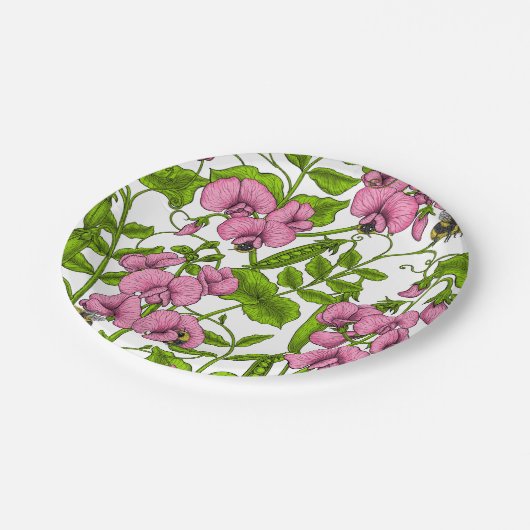 Erbsen und Hummeln, süß, rosa, grün und weiß Pappteller (Schrägansicht)