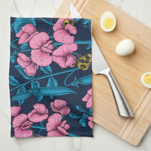 Erbsen und Hummeln, süß, rosa und blau Geschirrtuch (Viertel Falte)