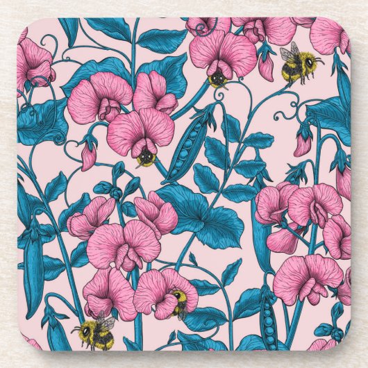 Erbsen und Hummeln, süß, rosa und blau Getränkeuntersetzer (Vorderseite)