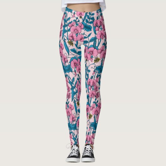 Erbsen und Hummeln, süß, rosa und blau Leggings (Vorderseite)
