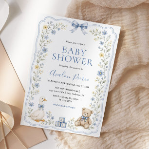 Erbstück Blaue Blumige Gänse-Teddybär-Baby-Party Einladung