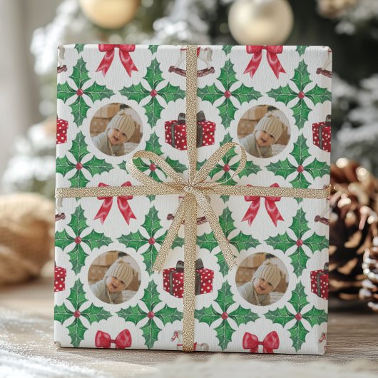 Erbstück-Stechpalmen-Patchwork-Foto-Weihnachten Geschenkpapier