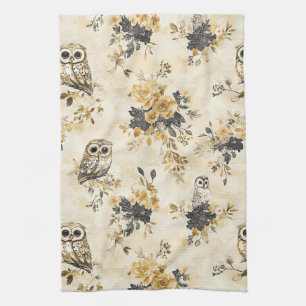 Erbteil Beige Eule Botanisches Blumenmuster Geschirrtuch