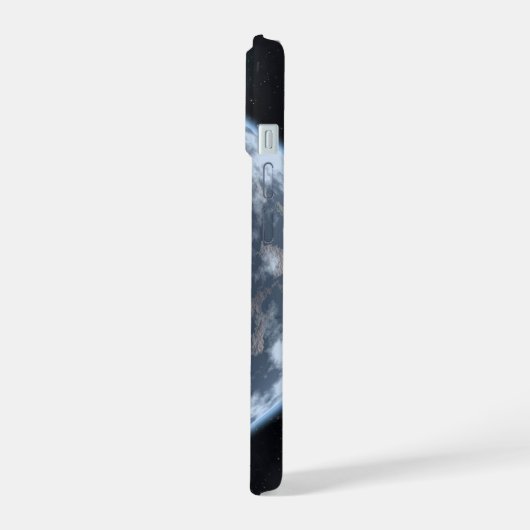 Erdähnlicher Planet mit Ozeanen, die seine Oberflä iPhone 15 Hülle (Linke Seite)