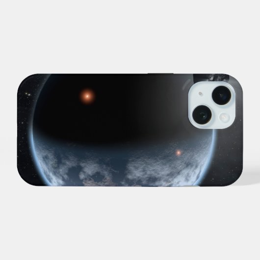 Erdähnlicher Planet mit Ozeanen, die seine Oberflä iPhone 15 Hülle (Rückseite (Horizontal))