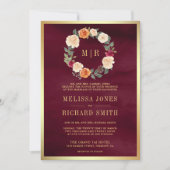 Erdbeben-Blumenkranz in einer Burgundy-Hochzeit Einladung (Vorderseite)