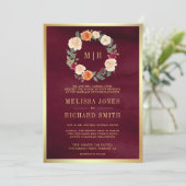 Erdbeben-Blumenkranz in einer Burgundy-Hochzeit Einladung (Stehend Vorderseite)