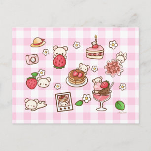 Erdbeer Bär Kawaii Süße Törtchen Rosa Gingham  Postkarte