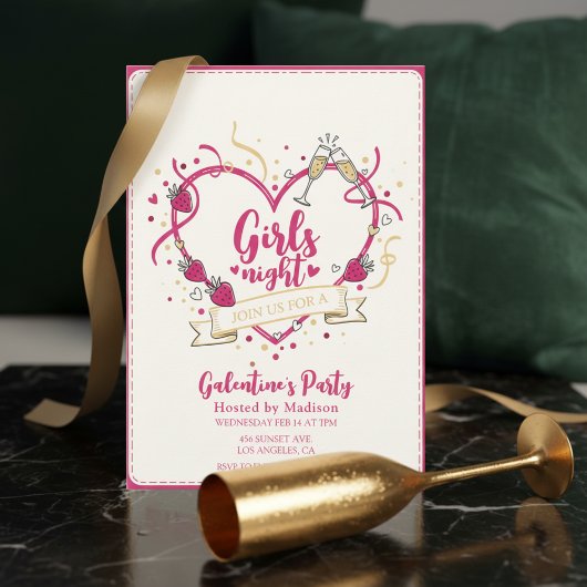 Erdbeer Champagner Galentines Day Einladung
