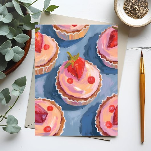 Erdbeer Cupcakes | Obst Wasserfarben Feierlich Postkarte