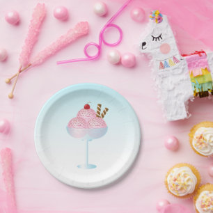 Erdbeer-Eisbecher-Illustration in Rosa Pappteller