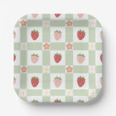 Erdbeer-Gingham-Erstgeburtstags-Quadrat Pappteller (Vorderseite)