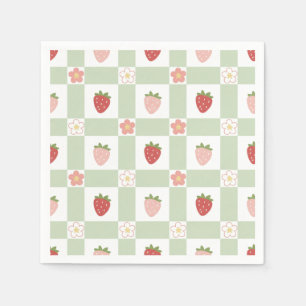 Erdbeer-Gingham Pastellgrün 1. Geburtstag Serviette