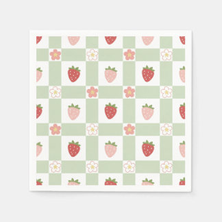 Erdbeer-Gingham Pastellgrün 1. Geburtstag Serviette