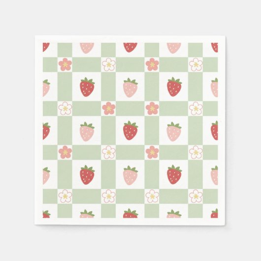 Erdbeer-Gingham Pastellgrün 1. Geburtstag Serviette (Vorderseite)