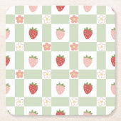 Erdbeer-Gingham Pastellgrüne Party Rechteckiger Pappuntersetzer (Vorderseite)