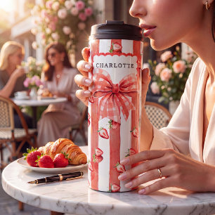Erdbeer-Gingham-Schleife Rot gestreift Wasserfarbe Thermosbecher