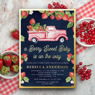Erdbeer-LKW Beeren Süße Babyparty Navy Gold Folieneinladung
