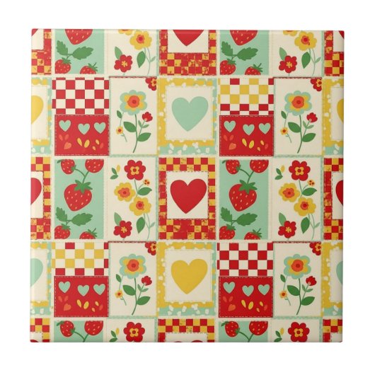 Erdbeer-Patchwork-Picknick Fliese (Vorderseite)