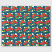 Erdbeer- und Blumenmuster Blau Geschenkpapier (Flach)