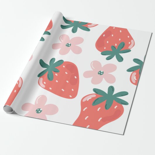 Erdbeer- und Blumenmuster Geschenkpapier (Ungerollt)