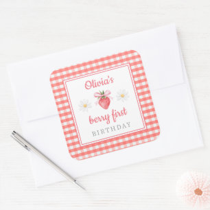 Erdbeere 1. Geburtstag Beere Erster Geburtstag  Quadratischer Aufkleber