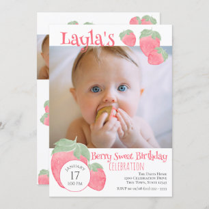 Erdbeere 1. Geburtstag mit Foto Einladung