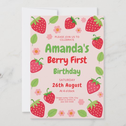 Erdbeere 1. Geburtstag Party, Foto Einladung (Vorderseite)