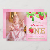 Erdbeere 1. Geburtstag Pink Foto Einladung (Vorne/Hinten)