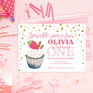 Erdbeere 1. Geburtstagseinladung - Sweet Pink "B Mitteilungskarte