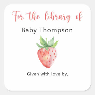Erdbeere - Baby Shower Buchblatt, Bücher für Baby Quadratischer Aufkleber