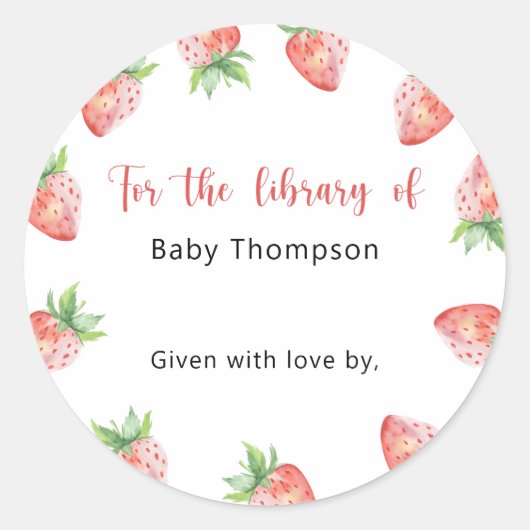 Erdbeere - Babydusche Buchzeichen, Babybücher Runder Aufkleber (Vorderseite)