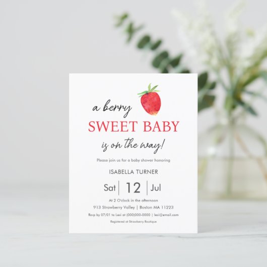 Erdbeere | Berry Sweet Baby Shower Einladung (Stehend Vorderseite)