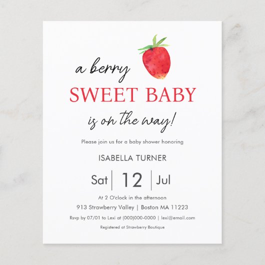 Erdbeere | Berry Sweet Baby Shower Einladung (Vorderseite)