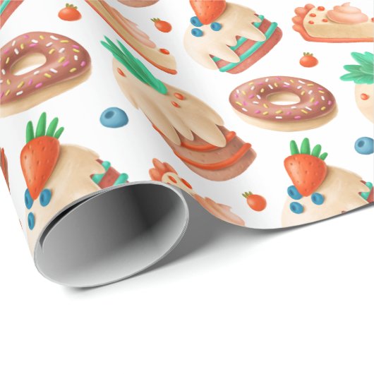 Erdbeere, Blaubeeren, Kuchen und Donuts Geschenkpapier (Rolleneckpunkt)