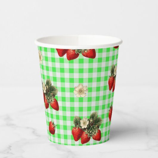 Erdbeere blüht grüner Gingham niedliche Papierbech Pappbecher (Links)
