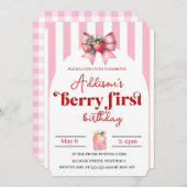 Erdbeere & Bow 1. Geburtstag mit Foto Einladung (Vorne/Hinten)