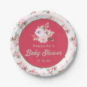 Erdbeere Coral Pink & Green Floral Baby Dusche Pappteller (Vorderseite)