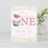Erdbeere Cupcake 1. Geburtstagsfeier Einladung - S (Stehend Vorderseite)