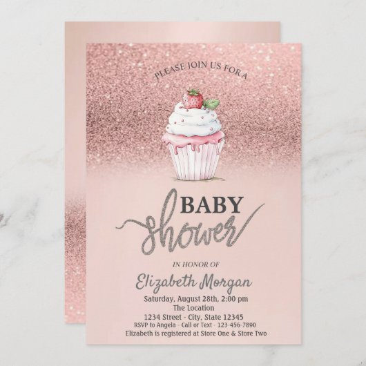 Erdbeere Cupcake Rose Gold Glitzer Baby Dusche Einladung (Vorne/Hinten)