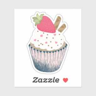 Erdbeere Cupcake Sticker - Rosa Herzsprinklen